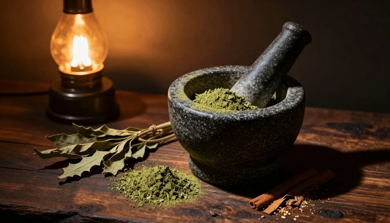 A stone mortar and pestle with ground herbal powder under warm amber lamplight
