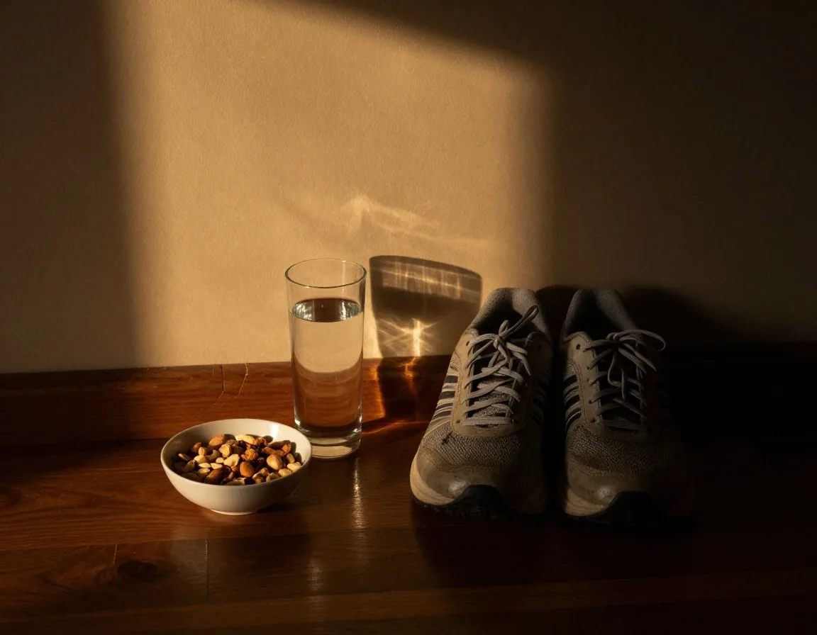 Active lifestyle essentials on dark wood