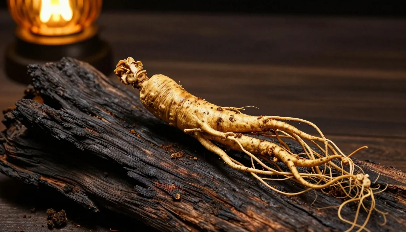 Dried botanical roots on dark wood under lamplight