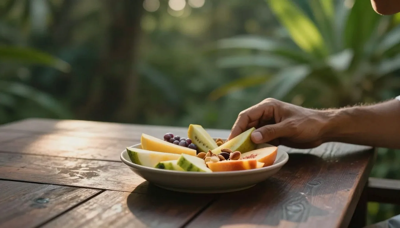A simple balanced meal under warm lamplight on a dark wooden table