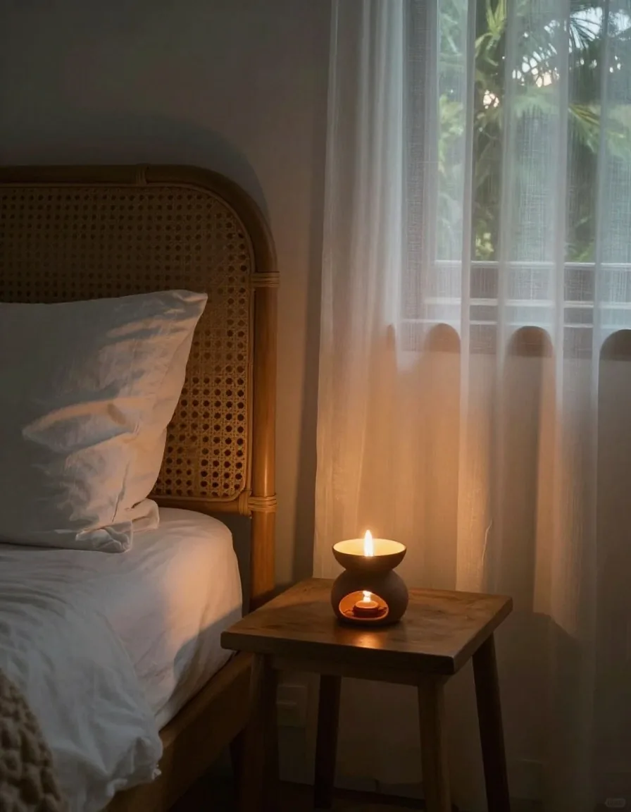 A quiet dark bedroom with warm lamplight suggesting rest