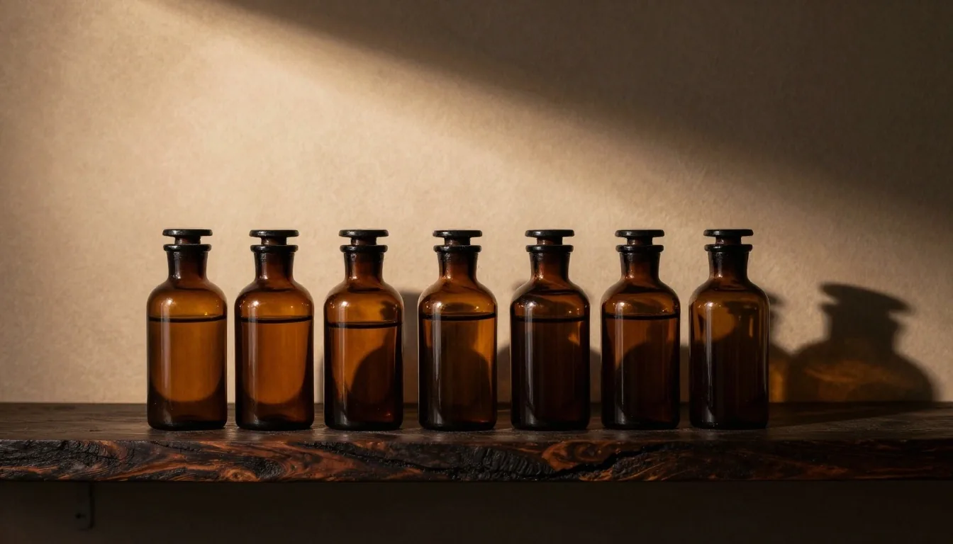 Plain amber supplement bottles on a dark wooden surface under warm lamplight