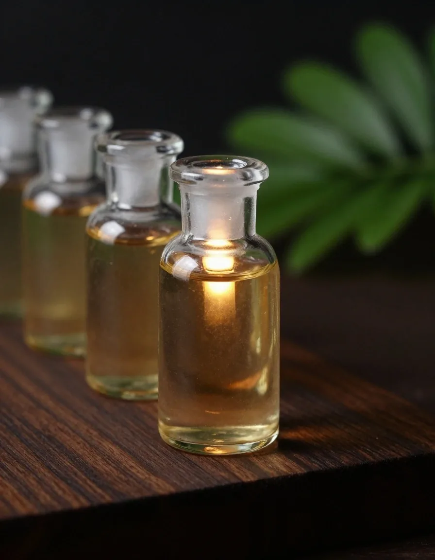 Amber glass tincture bottles on dark wood under lamplight