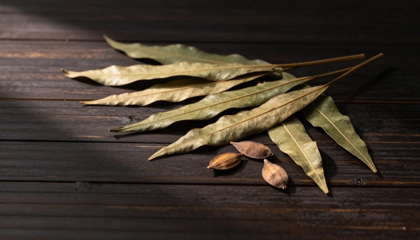 Dried botanical specimens on dark wood under amber lamplight