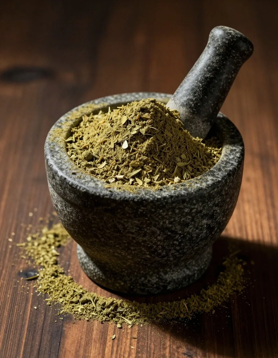 Powdered herbal material in a stone mortar under amber light