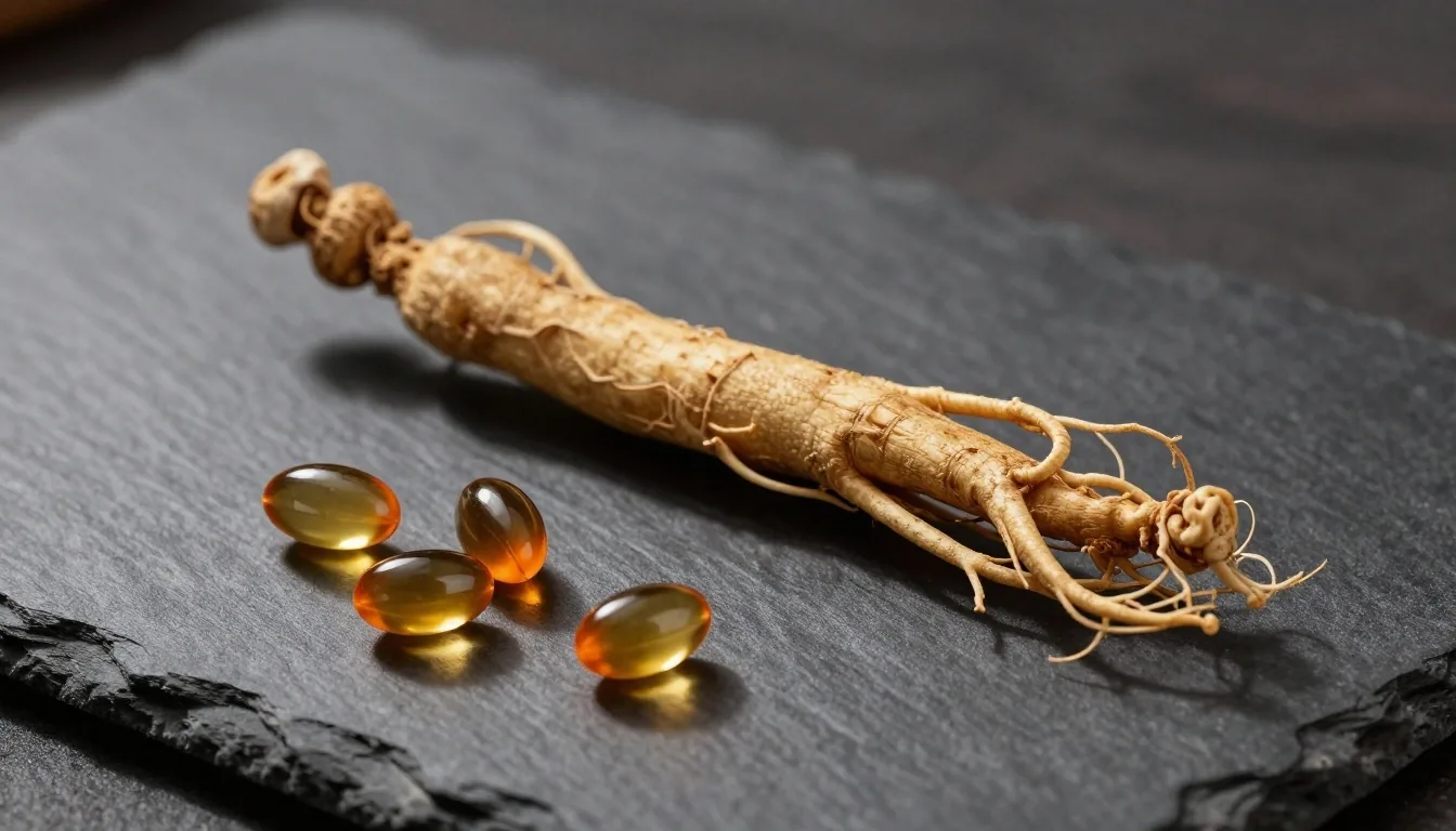 Natural capsules and dried botanical root on dark slate
