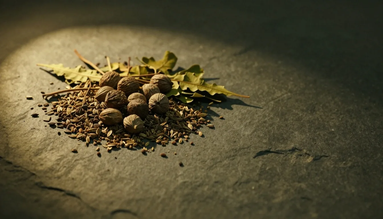 Dried botanical specimens arranged under warm lamplight on a dark surface