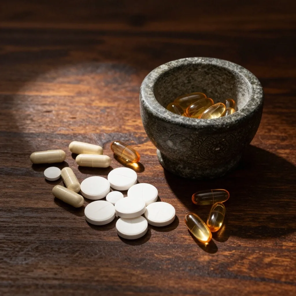 Supplement capsules and tablets on dark wood under amber light